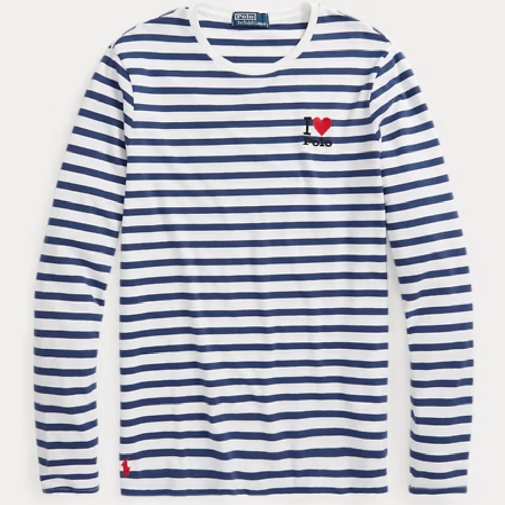 Ralph Lauren White and Navy Striped Long-Sleeve Tee with Red Heart Accent